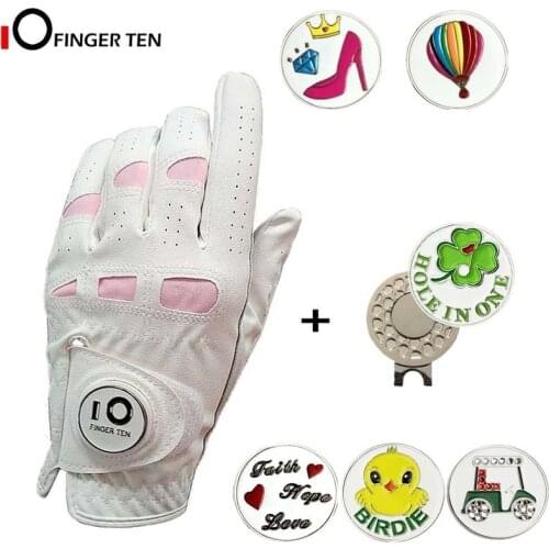 Womens Golf Gloves with Ball Marker and Hat Clip Left Right Hand Soft Leather Extra Grip for Ladies Sizes S M L XL