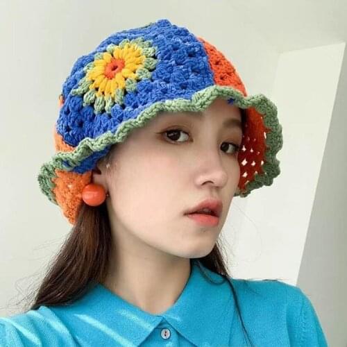 Female Hollow Flower Knitted Fisherman Hat Handmade Crochet Color Matching Basin Hat Spring and Summer Sunscreen Sun Hat