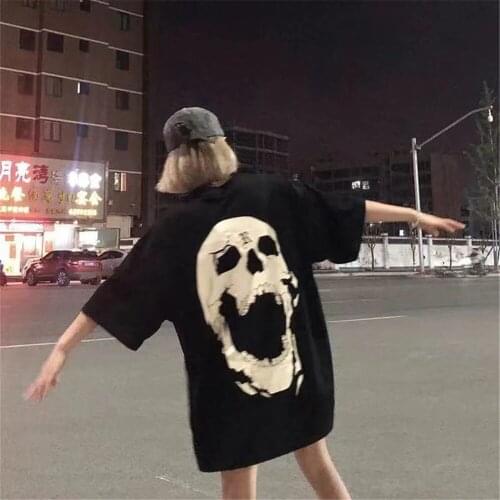 Summer High Street Black Printed Female Dark Cool Fashion New Funny Loose Tops Women Female Streetwear Cool Party Punk Tops