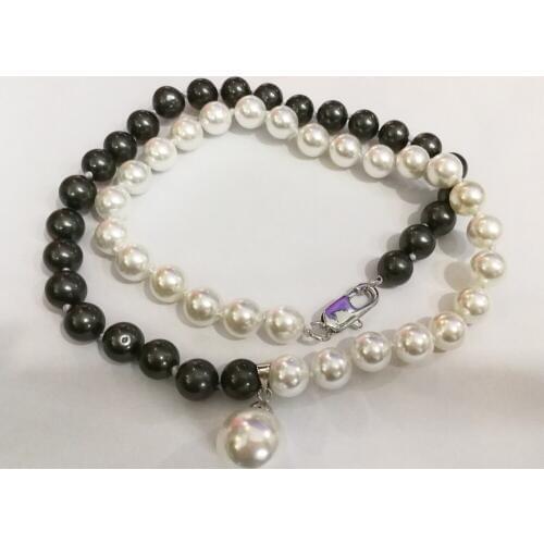 Women Jewelry 8mm black white mixed 12mm pendant round bead natural south sea shell pearl necklace