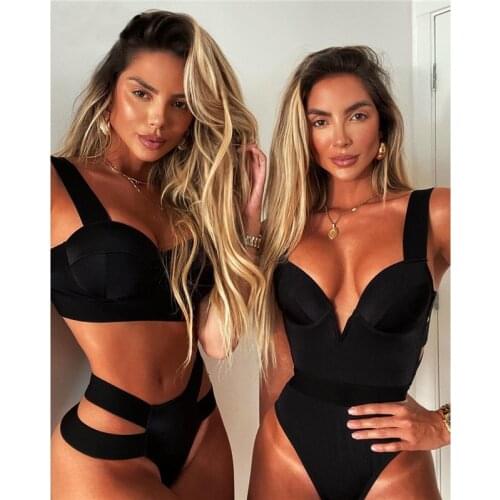 Women Sexy High Waist Swimwear Set V-Neck Crop Tank Tops Hollowed Side Triangle One Piece Swimsuits For Women Summer Bikini 2021