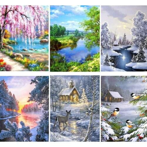 Winter Diamant Mozaïek Landschap Volledige Layout Diamant Schilderij Sneeuw Rivier Telpatroon Diamant Borduurwerk Nieuwe Aankoms