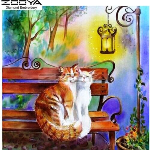 ZOOYA Diamond Embroidery 5D DIY Diamond Painting Cat Lover Lights Bench Diamond Painting Cross Stitch Rhinestone Mosaic BJ1760