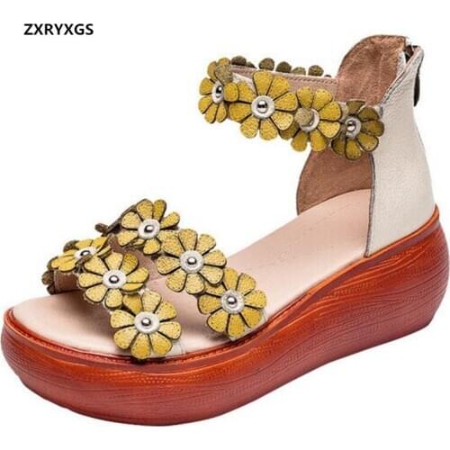 ZXRYXGS Top Cowhide Classic Flowers Shoes Woman Fashion Sandals 2020 New Summer Sandals Platform Wedges High Heels Women Sandals