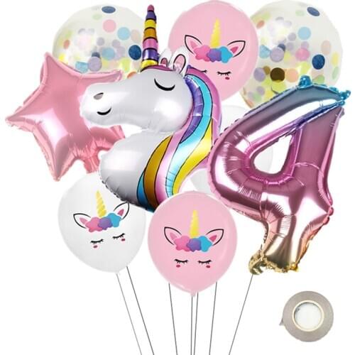 10pcs new unicorn aluminum foil balloons pink stars confetti sequins digital balloon combination childrens birthday party decor