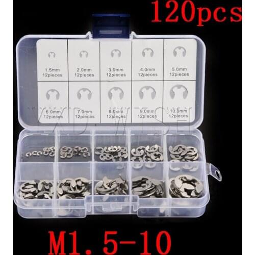 120 PCS 304 Stainless Steel Stainless Steel E Clip Washer Assortment Kit Circlip Retaining Ring For Shaft Fastener M1.5-M10