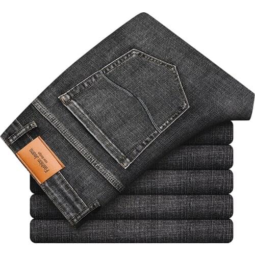 2021 Brand Fitted Straight Stretch Blue Gray Jeans Classic Style Embroidered Young Mens Business Casual Denim Jeans