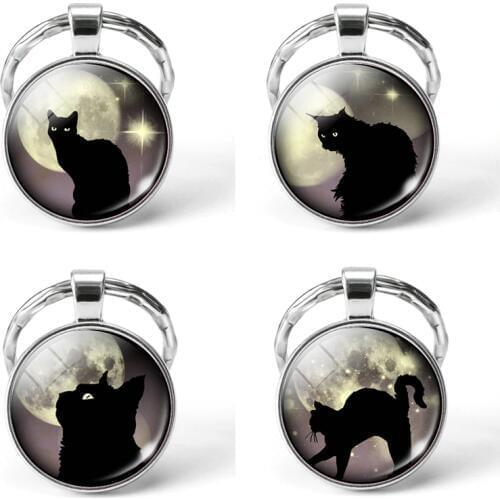 Black Cat Glowing Eyes Full Moon Photo Keyring Glass Dome Animal DIY Keychain Key Ring Pendant Jewelry Fashion Accessories Gifts
