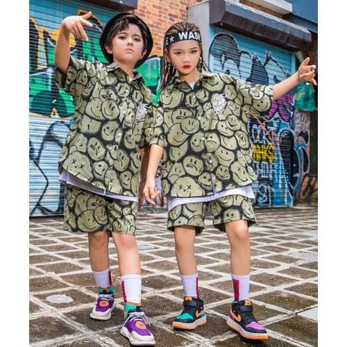 Kids Hip Hop Clothing Graffiti Print Oversized Shirt T Shirt Top Streetwear Summer Shorts for Girl Boy Dance Costume Clothes Set