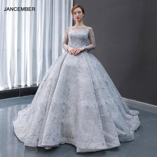 J66954 jancember long evening dresses long sleeve o neck floor length backless court train grey lace dress gown вечірні плаття