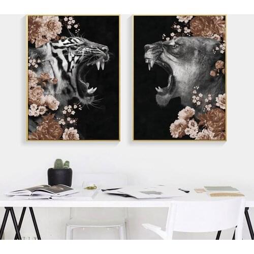 Flower Lion And Tiger Roaring Canvas Art Prints Animal Wall Painting On Beast Poster Picture For Living Room Mural Decoration