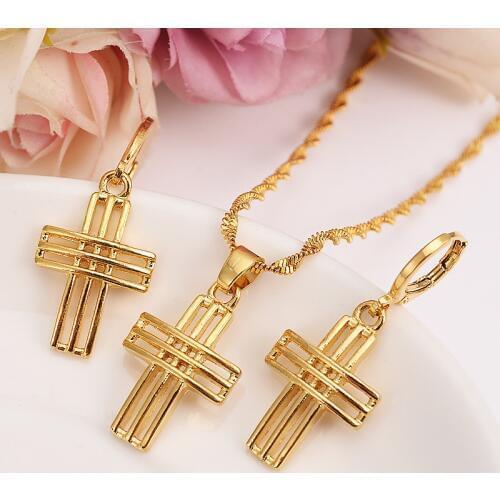 Gold pendant Necklace Earring Set Women Party Gift cross Jewelry Sets daily wear mother gift DIY charms girls Fine Jewelry