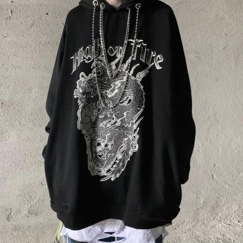 Korean Fashion Hip-hop Sweatshirts With Hoodies Retro Harajuku Oversize Itself Loose Plus Velvet Thick Chain Dragon Print y2k