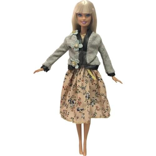 NK One Set Doll Small Yellow Flower Vest Skirt Gray Coat Noble Clothing Beautiful For Barbie Doll Fashion Skirt Girl Gift 75B 5X