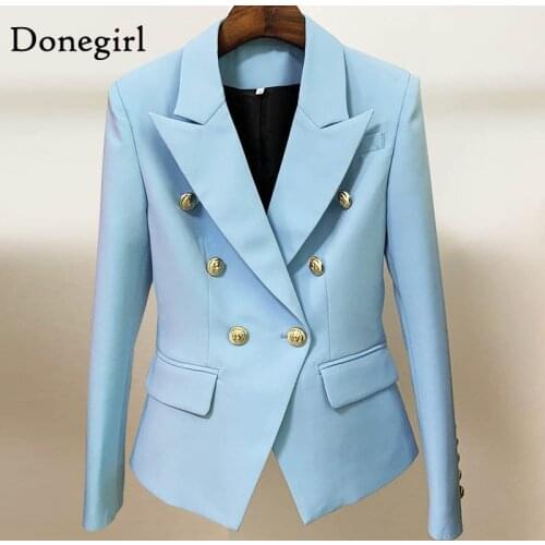 Newest 2021 Jacket Spring And Autumn Fashion Womens Classic Fitting Lion Buttons Double Breasted Slim Blazer Baby Blue Coat