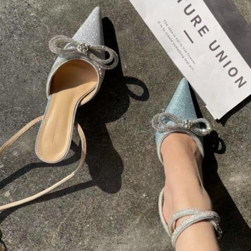 2021 Summer New Sandals Female Bow Pointed Rhinestone Sexy Fashion High Heels Sandals