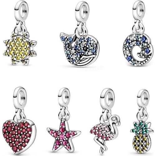 New 925 Sterling Silver Me My Ocean Wave Whale Pineapple Sun Red Love Dangle Charms Fit Original Brooch Bracelet DIY Jewelry