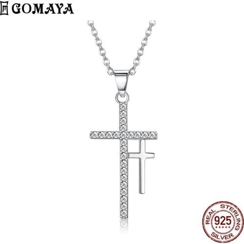 GOMAYA 925 Sterling Silver Pendant Necklace Fashion Double Cross Set Diamond Pendant Romantic Party Jewelry Necklace Gift 2020