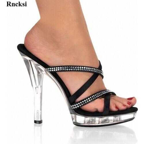 Rncksi New Sexy Fashion Summer Slippers Womens Crystal Shoes Sexy Rhinestone Silver Glitter 13cm High Heels Slippers