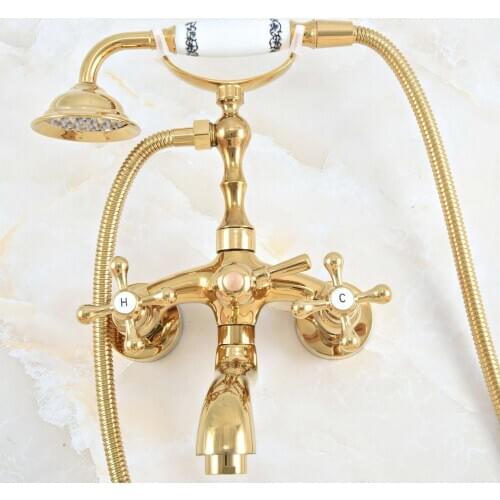 Luxury Polished Gold Color Brass Bathroom Wall Mounted Clawfoot Tub Faucet Taps Set With Hand Held Shower Head Spray mna804