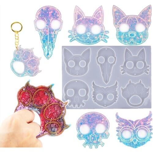 DIY Crystal Epoxy Resin Molds Ring Set Keychain Cat Claw Defense Cat Skull Mirror Silicone Molds For Resin Art