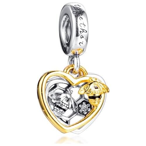 Hearts & Bees Dangle Charm Fits Orignal Bracelets Woman DIY beads for jewelry making Silver kralen voor sieraden maken