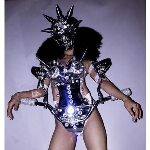 Silver Mirror disco costume Halloween stage performance Cosplay motobike woman led costumes future technology space show