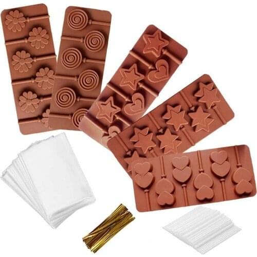 Silicone Lollipop Mold Hard Candy Mold with 100 Pcs/pack Lollipop Sucker Candy Bag Golden Silver Tie Chocolate Mold