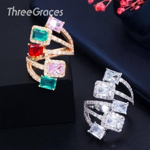 ThreeGraces Designer Square Shape 585 Gold Multicolor Cubic Zircon Adjustable Finger Ring Women Wedding Banquet Jewelry RG139