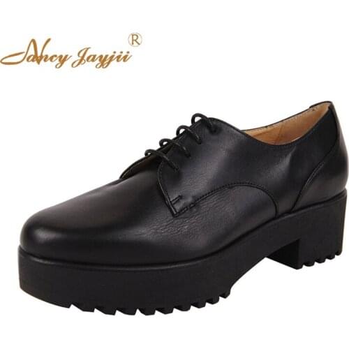 Spring Autumn Black Med Chunky Heel Platform Oxford Lace Up Pumps Ladies Shoes For Girls Large Size 11 13 Glossy Leather Fashion