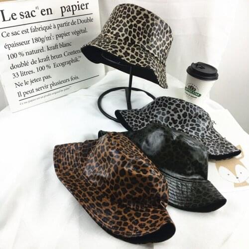 Vintage Leopard Pint Leather Fisherman Hat Womens Net Red Hundred Sunscreen Sun Hat Spring And Autumn Version of The Pot Hat