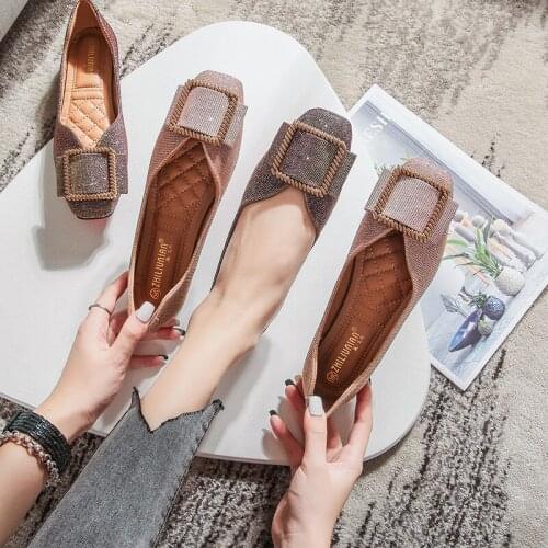 Ballerina Sequins shine glitter shoes woman square buckle mocasines shallow metal flats v-open nurse zapatos de mujer size 34-43
