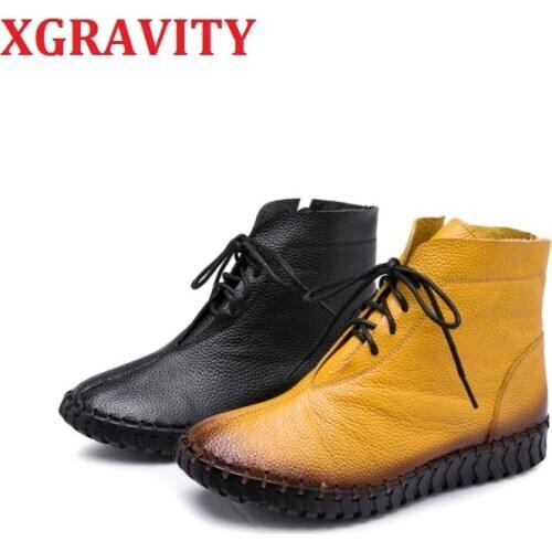 XGRAVITY Plus Big Size 35-43 New Genuine Leather Hand-made Women Boots Lace UP Flat Boots Casual Ladies Shoes Martin Shoe S128