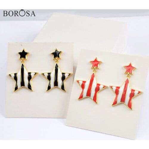 BOROSA Enamel Double Star Stripe Dangle Earrings Lovely Heart Statement Earrings for Women Cute Earrings Jewelry WX1519