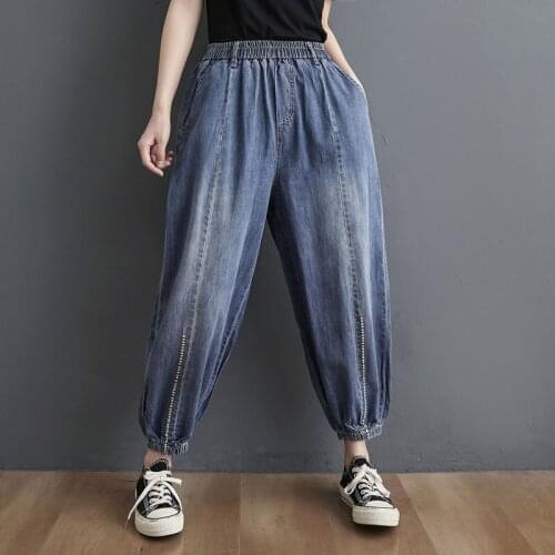 2021 Spring Summer New Art Style Women Elastic Waist Loose Jeans Vintage Embroidery Cotton Denim Harem Pants Plus Size V325