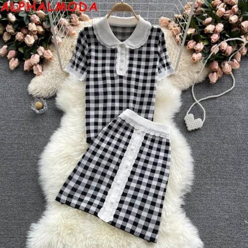 ALPHALMODA Preppy Style 2021 Ney Plaids Knitting Top A-line Skirt 2pcs Suit Women Peter Collar Buttons Details Ladies Skirt Set