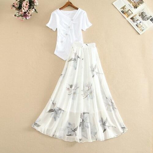 Dress Suit Womens Fashion Summer New Style Korean Style Button Retro Printed Chiffon Dress Chiffon Blouse Two-piece Suit X176