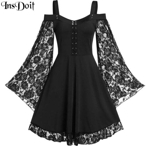 InsDoit Goth Aesthetic Vintage Autumn Dresses Women Punk Grunge Lace Patchwork Flare Sleeve Black A LINE Dress Elegant Partywear