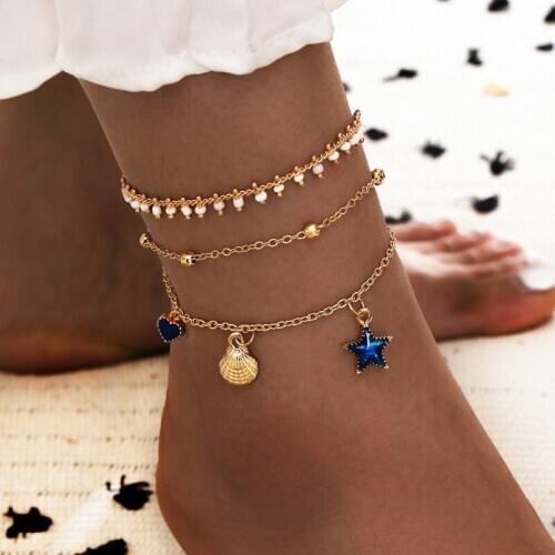 3 Pcs/Set Bohemian Vintage Gold Color Beads Star Heart Shell Pendant Anklets Set Trendy Anklet Bracelet Jewelry Accessories