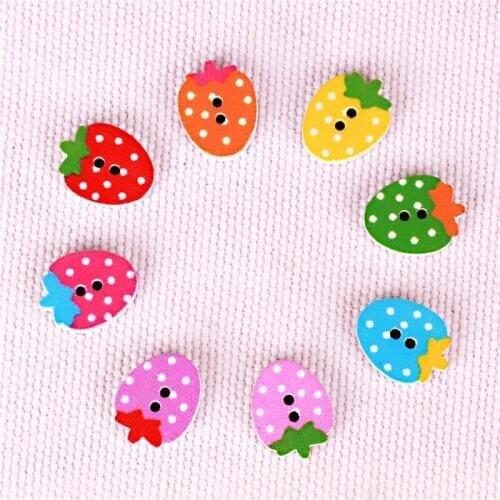 60pcs Random Mixed Color Wooden Buttons Strawberry Natural Decorative Blue Pink Girl Handmade Diy Bracelet 19x25mm Scrapbooking