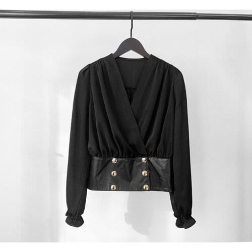 France Style Womens V-neck blouses top 2021 Spring High quality Sheepskin real leather patchwork chiffon Shirts A880