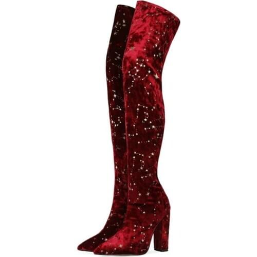 Over The Knee Stretch Boots Women Flock Slim Thigh High Boots With Shiny Star Fashion Spring Autumn Velvet Thick Heel Long Boots