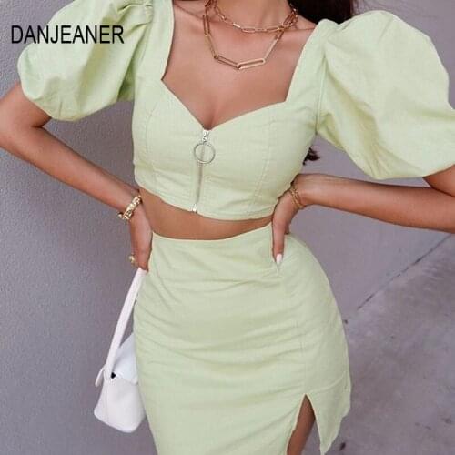 DANJEANER Vintage Puff Sleeve V Neck Zipper Crop Top and Sexy Mini Skirts Women Summer Solid Two Piece Sets Elegant Party Dress