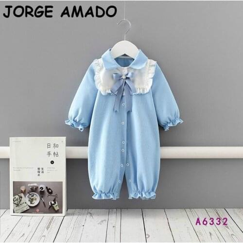 2020 Autumn New Baby Romper Lace Collar Blue Long Sleeve Baby Princess Overalls Newborn Clothes 0-2Y E6332
