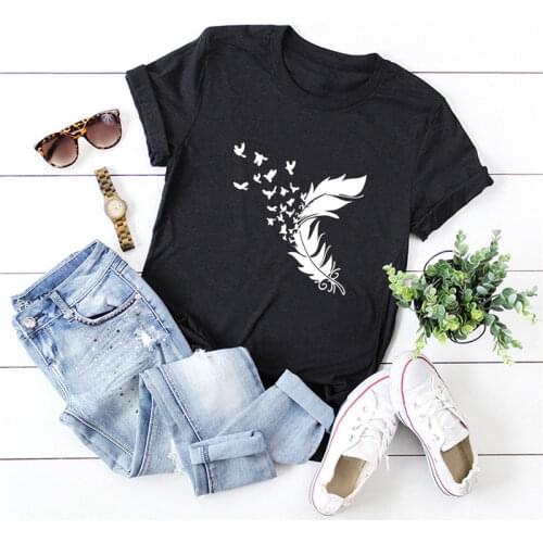 Summer Plus Size Women Clothing S-5XL New Feather Print TShirt 100%Womens Cotton Shirts O Neck Short Sleeve Tees Loose Tops