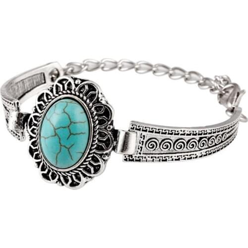 FYJS Unique Silver Plated Alloy Oval Green Turquoises Stone Bracelet Vintage Style Jewelry