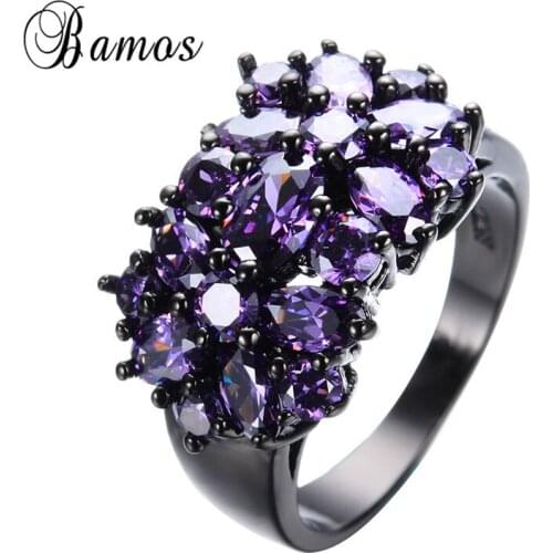 Bamos Colorful Geometric Pink/Purple/Red/Blue Birthstone Rings For Women Black Gold Filled AAA Zircon Star Finger Accessories