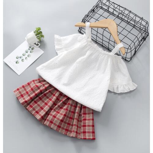 Girls' Summer Clothing Suit Kids Clothing Sets Children clothing Girls Clothes Top Shirt with Narrow Straps Plaid Skirt Girls