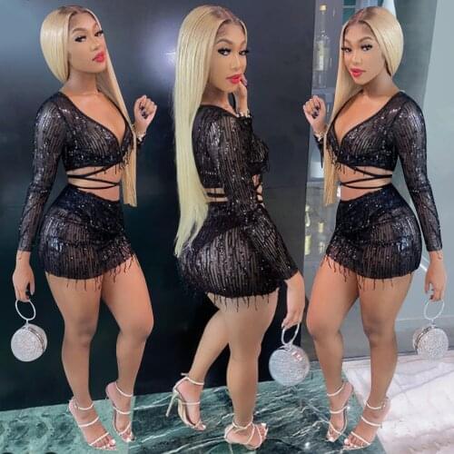 Nightclub Sexy Perspective Bandage Tassel Low Cut Womens Bag Buttocks Two Piece Sets whole sale party baddie tops /short skirt