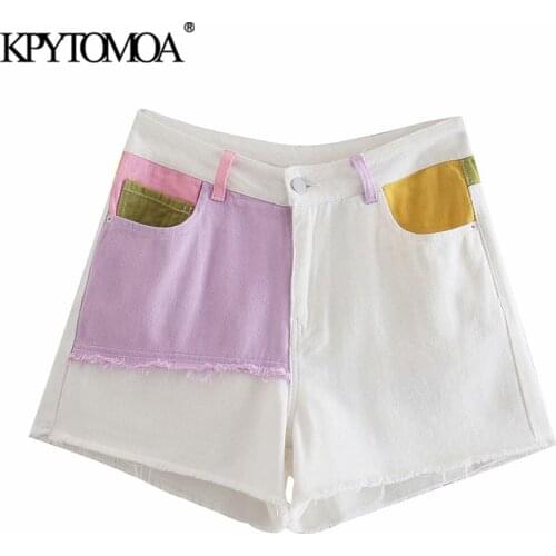 KPYTOMOA Women 2021 Chic Fashion Frayed Tassel Patchwork Denim Shorts Vintage High Waist Zipper Fly Female Short Pants Mujer